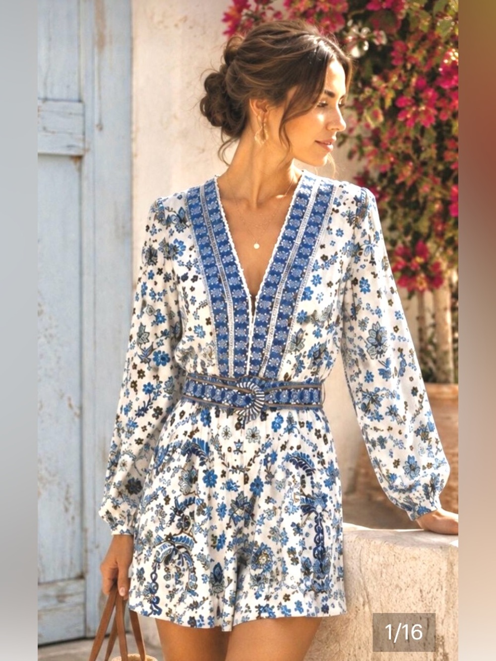 Caroline Constas Floral Linen Rayon mix Long Sleeve Belted Romper cream blue S